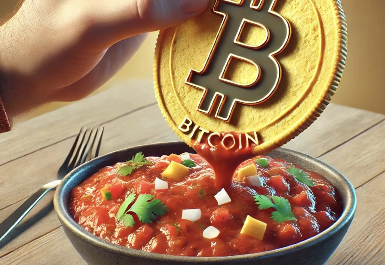 Dipping crispy bitcoin, AI generated, Dec 2024