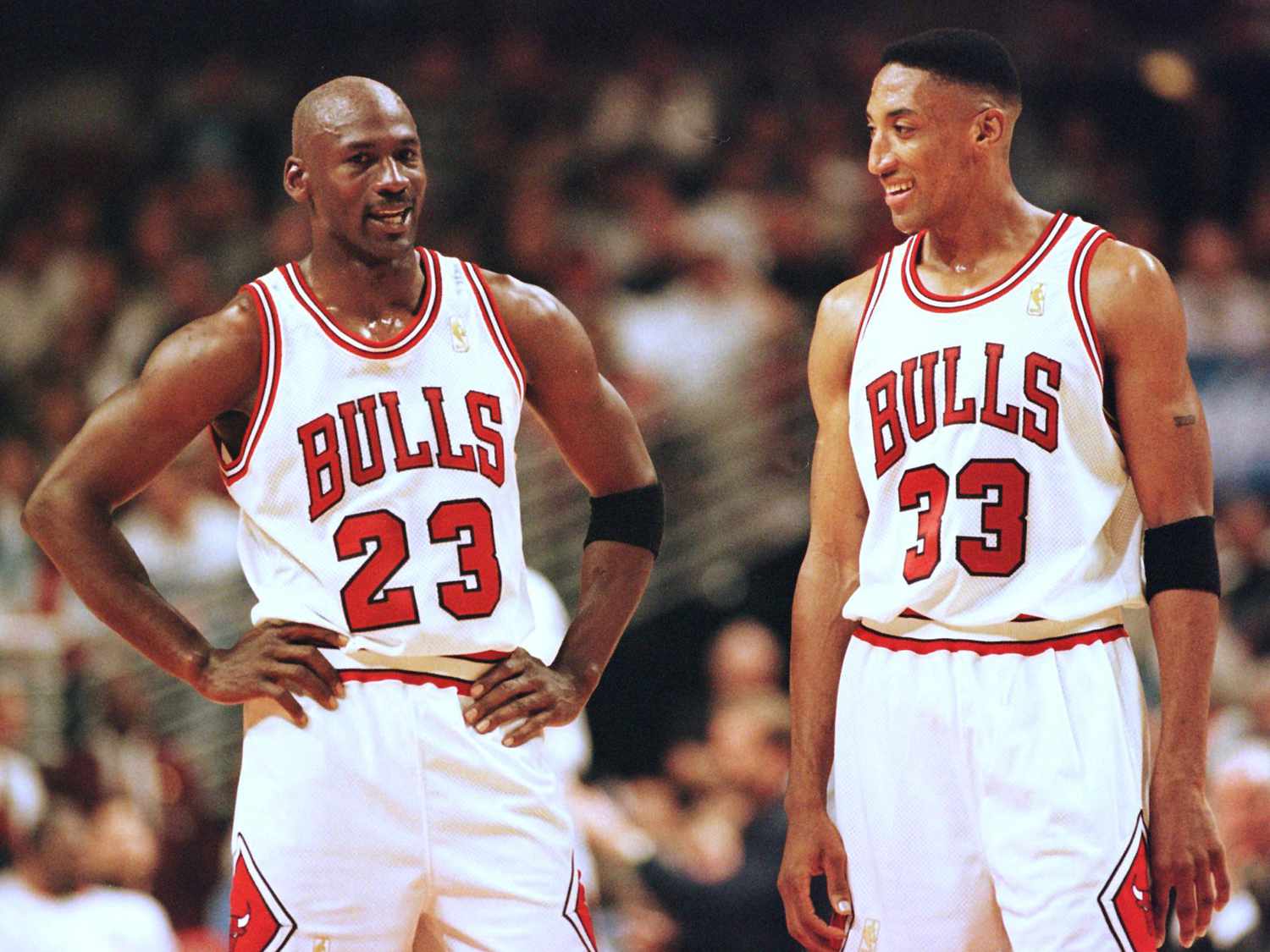 Scottie Pippen on the right with Michael Jordan in the 90s